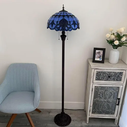 Vista 3 de Lámpara de pie de vitrales azules estilo barroco con base de metal bombillas LED incluidas para sala de estar, dormitorio, 16 pulgadas