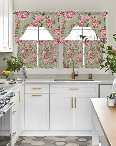 Vista 5 de Juego de cortinas de cocina con festón floral verde salvia, cenefa y nivel, 24 pulgadas de largo, diseño retro de flores rosa pastel, cortinas