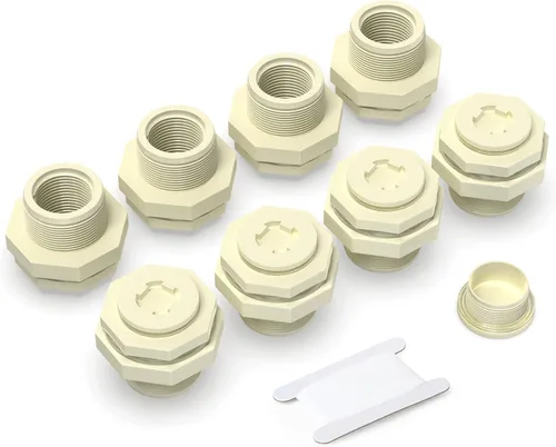 Vista 8 de TAISHER Adaptador de conector de tanque de mamparo de 1 pulgada de ABS blanco con tapones y junta para tanque de agua, barriles de lluvia, acuarios