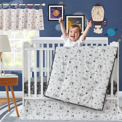 Vista 8 de Brandream Milky Way Space Galaxy - Juego de ropa de cama de 3 piezas para cuna de bebé niño y niña, con temática de cohete de nave espacial, ropa