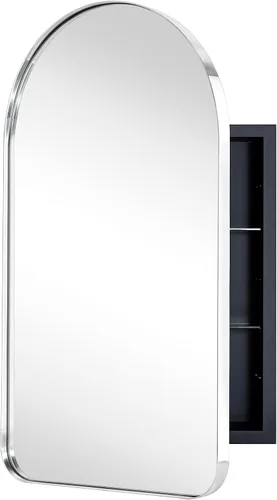 Vista 10 de Botiquín de baño empotrado en arco dorado cepillado con espejo de acero inoxidable con marco de metal rectangular con espejo de 16 x 28.3 pulgadas