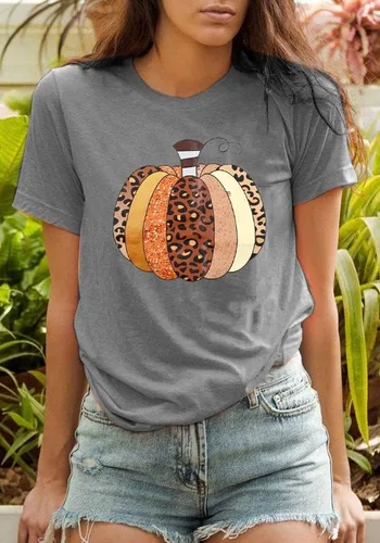 Vista 4 de Camisas de calabaza para mujer, camiseta de calabaza a cuadros de búfalo para mujer, camisetas casuales de manga corta con gráficos divertidos
