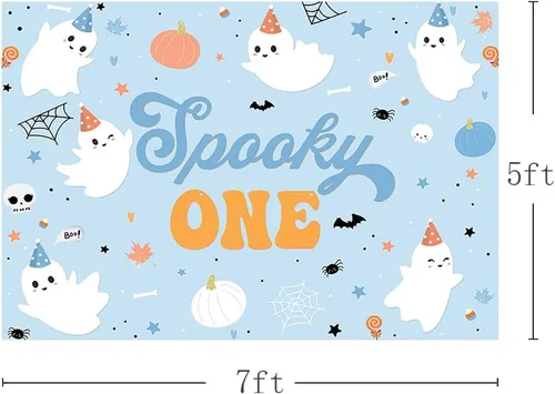 Vista 3 de MEHOFOND Telón de fondo de Halloween de 7 x 5 pies para niños, espeluznante One Happy Booday, decoración de fiesta de primer cumpleaños, suministros