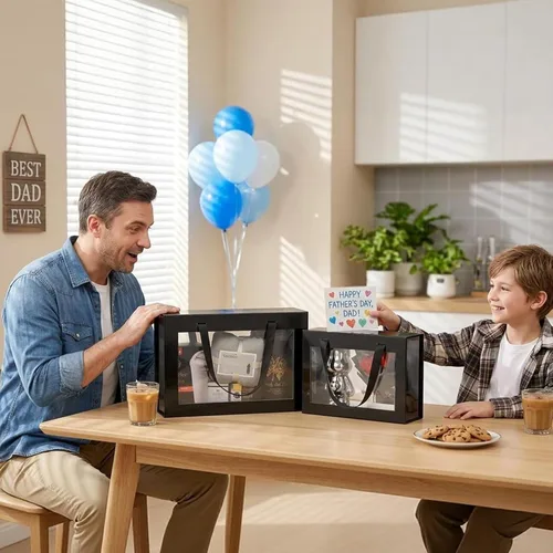 Vista 2 de Caja de regalo negra con ventana, caja de regalo magnética transparente para regalo, caja de propuesta de padrino de boda (10.5 x 7.5 x 3 pulgadas)