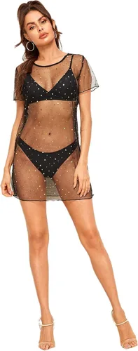 Vista 6 de MakeMeChic Vestido de malla transparente para mujer, para cubrir el traje de baño de playa