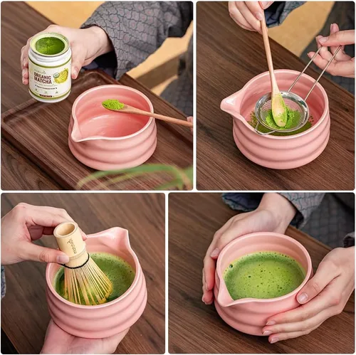 Vista 6 de MatchAiA Juego de batidor de matcha, cuenco de cerámica, batidor de bambú con soporte, tamiz, cuchara Schima, soporte para cuchara y toalla de té