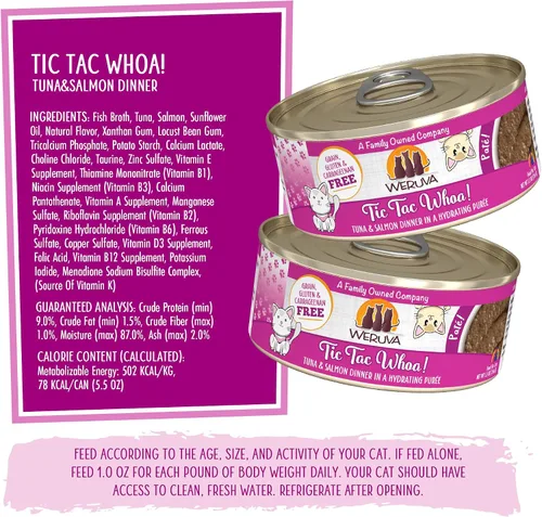 Vista 5 de Weruva Comida húmeda para gatos, Tic Tac Whoa con paté de atún y salmón, lata de 5.5 onzas, paquete de 8