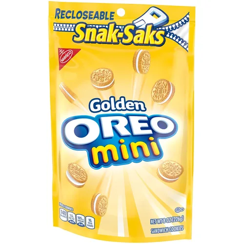 Vista 9 de Galletas sándwich mini OREO Golden, sabor vainilla, 1 paquete resellable Snak-Sak, 8 oz