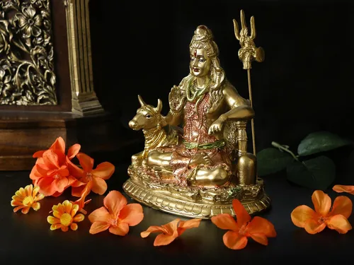 Vista 6 de Estatua de vaca hindú Dios Señor Shiva y Nandi - Escultura de ídolo de resina India Murti Shiva con Tridente Indio Casa Oficina Mandir Diwali Pooja