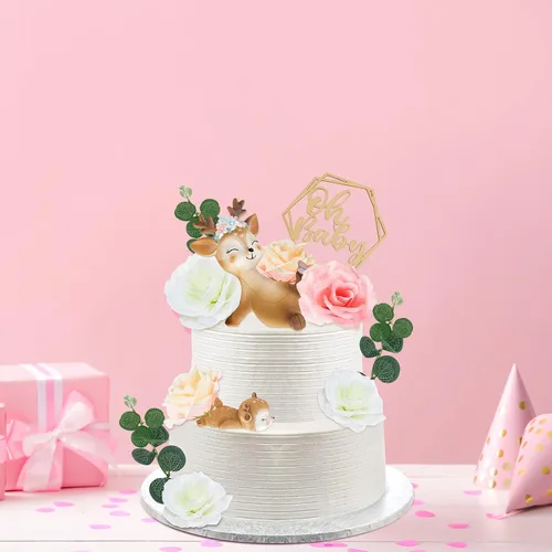 Vista 5 de Taiyin Oh Baby Cake Toppers para baby shower, lindos adornos para tartas de ciervos, flores de animales femeninos, decoración de tartas, pequeñas