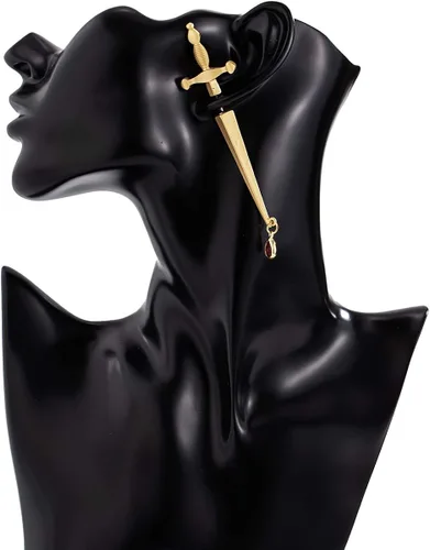 Vista 2 de Pendientes largos de espada gótica con forma de gota de sangre, pendientes vintage de espada de daga para mujeres y hombres de fantasía para fiestas