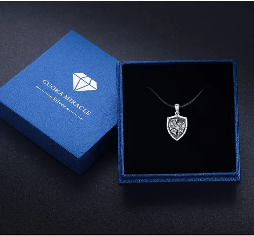 Vista 7 de CUOKA MIRACLE Warrior Necklace S925 Sterling Silver St Michael Necklace Celtic Knot Vintage Shield Mythology Archangel Protect Us Medal Amulet