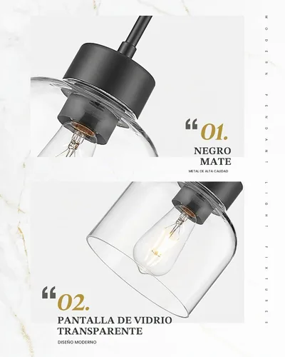 Vista 3 de Luces Colgantes Negras para Isla de Cocina, Accesorios de Luces Colgantes de 7" con Pantalla de Vidrio Transparente, Iluminación Colgante Moderna