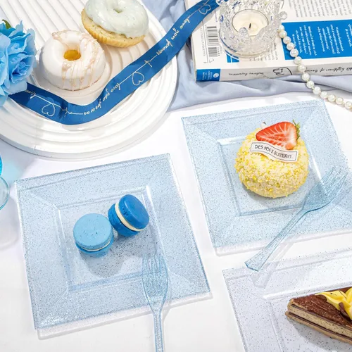 Vista 7 de DaYammi 100 platos de postre con purpurina azul, que incluyen 50 platos de aperitivo de 6 pulgadas y 50 tenedores de plástico de 5.7 pulgadas, plato