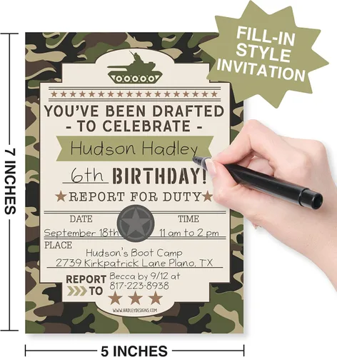 Vista 2 de 25 invitaciones de cumpleaños para niños, invitaciones de fiesta temática Camuflaje