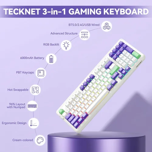 Vista 2 de TECKNET Teclado mecánico para juegos, intercambiable en caliente con interruptores de cielo, triple modo Bluetooth2.4GHzUSB-C, teclado cremoso