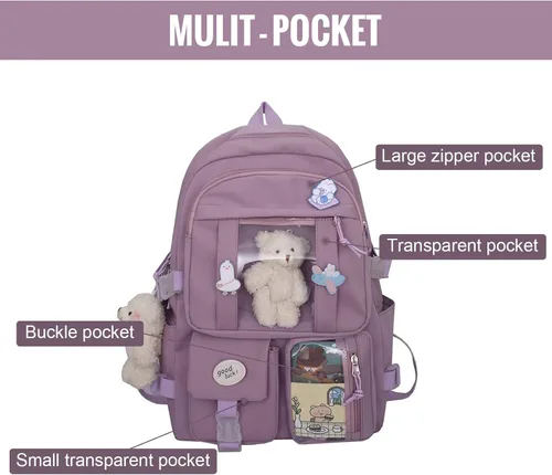 Vista 4 de Freie Liebe Linda mochila Kawaii mochila con pin y accesorios, Púrpura, Classic