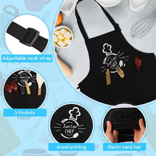 Vista 3 de Juego de 4 delantales y sombreros de chef, delantal ajustable impermeable para niños, delantal de entrenamiento divertido para niñas y niños