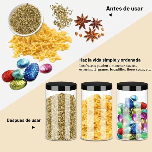 Vista 5 de SLifeJars Tarros de plástico transparente de 32 onzas, paquete de 12 recipientes grandes redondos de plástico PET con tapas negras de rosca, tarros