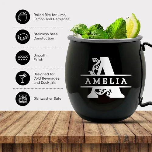 Vista 4 de Tazas de Moscú Mule negras personalizadas con acabado liso con monograma grabado estilo barra, 16 onzas, individual