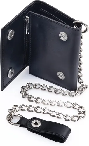 Vista 2 de RAW HYD Billeteras de cuero de grano completo con cadena triple para hombres con cierre a presión, Negro -, Billetera triple