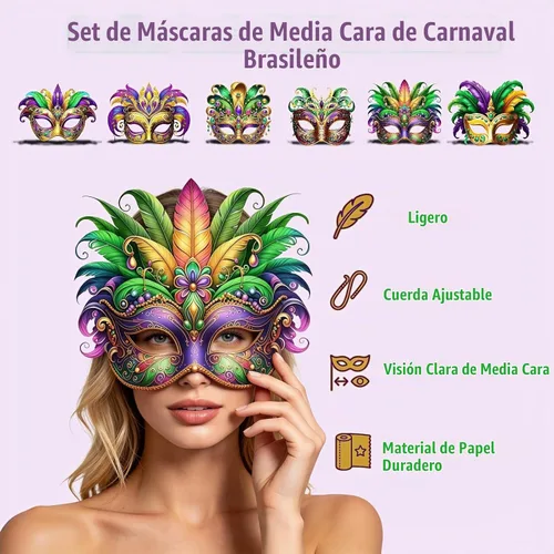 Vista 4 de Máscaras de Mardi Gras, paquete de 6 máscaras de papel para carnaval con cuerda de hebilla ajustable, diseño de plumas, para bailes de máscaras