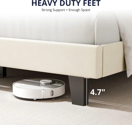 Vista 5 de Cozy Castle Base de cama tamaño Full, plataforma tapizada con cabecera curvada ajustable de terciopelo, base de colchón con listones de madera Crema