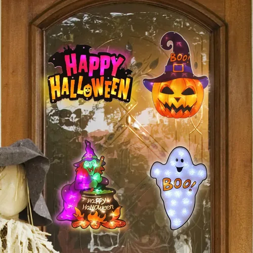 Vista 6 de LAMPHOME Paquete de 4 fantasmas iluminados con LED, letrero de Happy Halloween, bruja, Jack-O-Lantern de Halloween, decoración de ventana iluminada