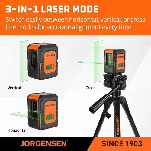 Vista 3 de JORGENSEN Nivel Láser con Trípode, Módulos Duales de 100 FT Herramienta Niveladora Láser de Línea Cruzada Autonivelante con Base Magnética de 360°