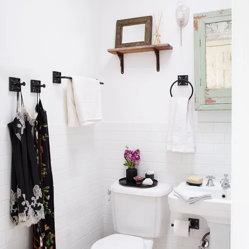 Vista 9 de Autumn Alley Juego de papel higiénico y toallero de baño, accesorios de baño modernos para montaje en pared, accesorios negros, 2 piezas, soporte