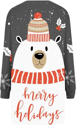 Vista 5 de Vestido con capucha para mujer de Navidad, manga larga, holgado con capucha Vestido lindo con estampado navideño