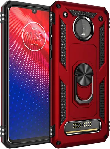 Vista 10 de Funda de grado militar para Motorola Moto Z4, Moto Z4 Play Case 360 Metal giratorio anillo soporte soporte magnético para coche Armadura resistente