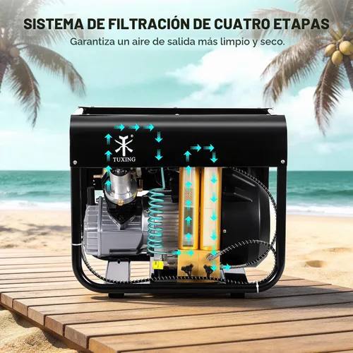 Vista 5 de TUXING Compresor de aire PCP de 4500 psi, filtro separador de agua y aceite de filtración de dos etapas, versión de parada automática, compresor
