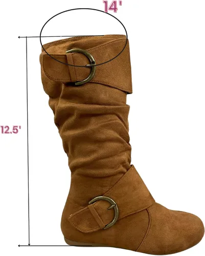 Vista 2 de FZ-Fits Botas de media pantorrilla con hebilla de punta redonda cerrada y hebilla lateral con cremallera lateral para mujer