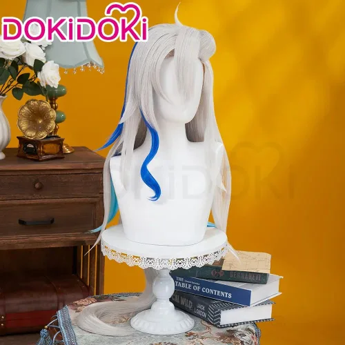 Vista 2 de KIRA KIRA Neuvillette - Peluca de cosplay Genshin Impact Fontaine, peluca larga de cabello gris azul, peluca de fiesta de Halloween para hombres
