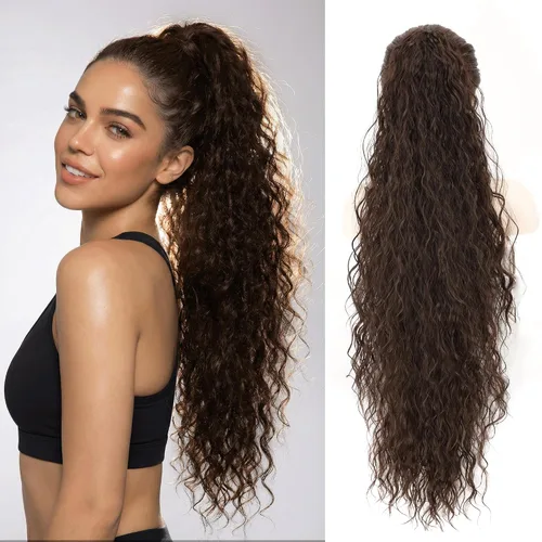 Vista 33 de Extensión de Cola de Caballo, Extensión de Cabello con Garra Larga de 20", Piezas de Cabello Sintético Ondulado Liso con Clip en Peluca de Cola