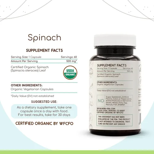 Vista 3 de HerbEra Espinaca 60 Cápsulas, 500 mg, USDA Organic Spinach (Spinacia oleracea) Hoja Seca (60 Cápsulas)