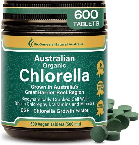 Vista 13 de Biogenesis Tabletas orgánicas de Chlorella – 300 unidades (500 mg) bayas mixtas Cultivado en Australia Pared celular agrietada BioDynamic Rico
