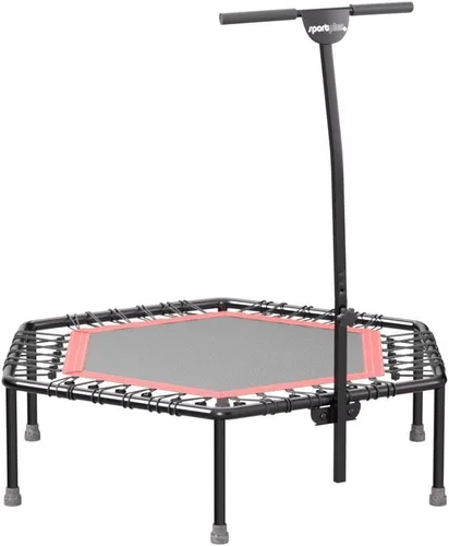Vista 3 de SportPlus + Trampolín interior, azul/verde/rojo, trampolín de fitness para el hogar con barra ajustable de altura