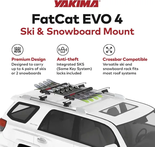 Vista 3 de Portaequipajes de techo Yakima para 4 pares de esquís o 2 tablas de snowboard, montaje universal para auto con bisagra expandible, FatCat EVO 4