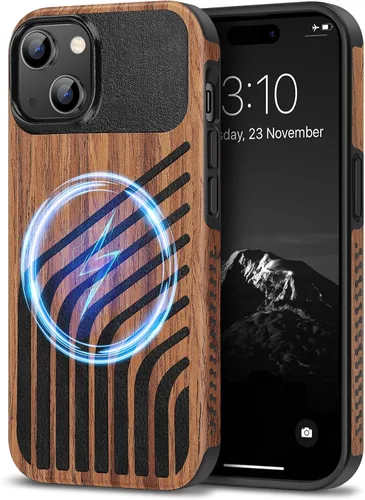 Vista 21 de TENDLIN Compatible con Funda para iPhone 15, Funda de Madera con Textura de Fibra de Carbono, Diseño Híbrido de Cuero Delgado (Negro)