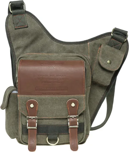 Vista 21 de Bolso de mensajero de lona vintage para hombre, bolso de mensajero de retazos de cuero en el pecho