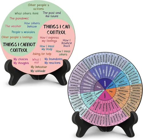 Vista 9 de 2 piezas de decoración para escritorio de oficina de terapia de rueda de sentimientos, cosas que puedo controlar, gráfico doble cara de emociones