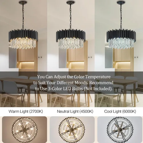 Vista 4 de Candelabro de cristal negro de 20 pulgadas, K9, luces colgantes redondas, ajustables, de 4 niveles, gran lámpara de cristal moderna, 6 luces