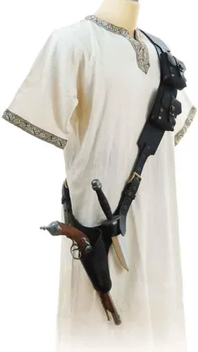 Vista 3 de Funda para cinturón de rana de doble espada renacentista, medieval, ajustable, de piel sintética, funda de transporte para armas de estoque