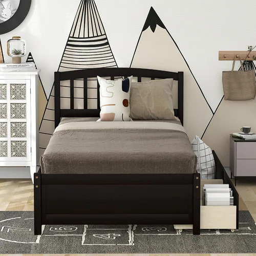Vista 3 de Harper & Bright Designs Cama de plataforma de madera tamaño individual con cajones de almacenamiento para ahorrar espacio, marco de cama vintage