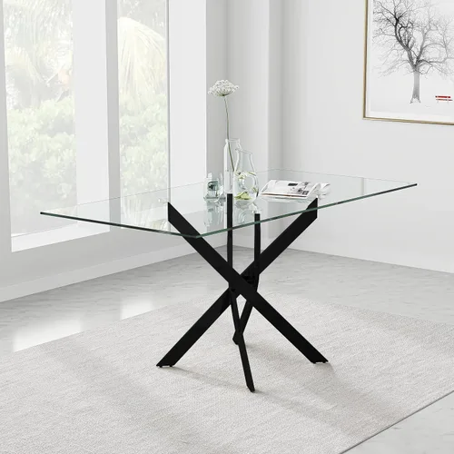 Vista 2 de Mesa de comedor de vidrio templado con patas de metal negro, mesa de cocina rectangular moderna de 47 pulgadas para cocina, comedor, oficina en casa