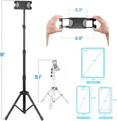 Vista 3 de Trípode para tableta para iPad Pro soporte de piso trípode para Surface Pro Samsung Tab S9+ soporte con control remoto giratorio de 360° ajustable