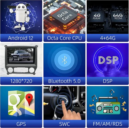 Vista 3 de Radio estéreo Android 12 para Chevrolet Silverado y GMC Sierra (2014-2018). Pantalla IPS de 10 pulgadas Octa Core 4GB+64GB Carplay inalámbrico