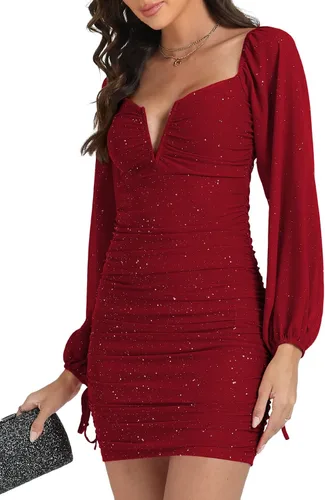 Vista 5 de Rooscier Minivestido de cóctel sexy con cuello en V y purpurina para mujer